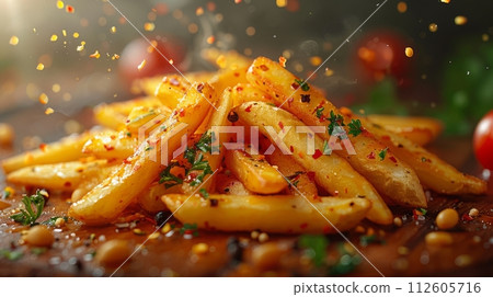 Close up of French fries or potato chips. Close up of French fries or potato chips. 112605716
