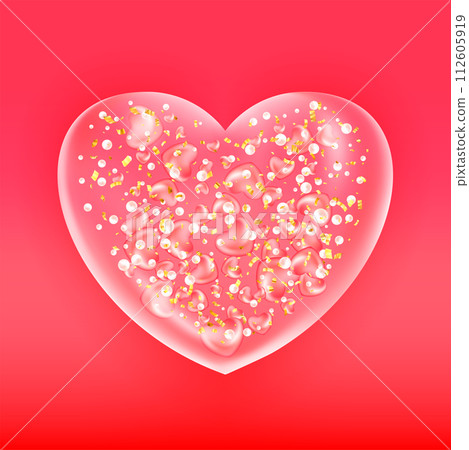 Red realistic glass heart. Plastic transparent heart shape bubble. 3d vector 112605919