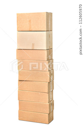 stack of cardboard boxes isolated on white background 112605970