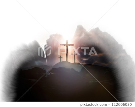 Calvary Golgotha hill background, cross symbolizing Jesus' sacrifice and suffering and red light, Passion Week and Lent Easter concept Calvary Golgotha hill background, cross symbolizing Jesus' sacrifice and suffering and red light, Passion Week and Lent Easter concept 112606080