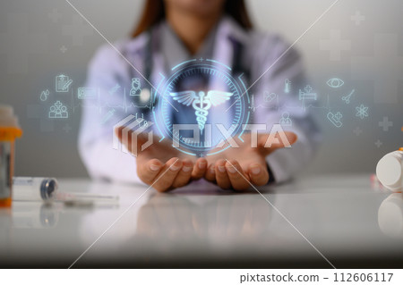Hands of a doctor showing modern medical icons. Health care and medical innovative technology concept Hands of a doctor showing modern medical icons. Health care and medical innovative technology concept 112606117