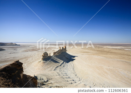 Stunning Mangystau landscape, Kazakhstan. Ak Orpa pinnacles aerial view, Bozzhira valley 112606361