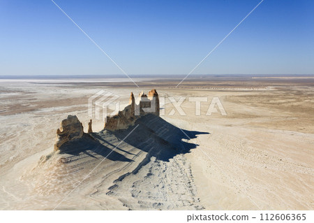Stunning Mangystau landscape, Kazakhstan. Ak Orpa pinnacles aerial view, Bozzhira valley 112606365