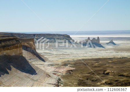 Stunning Mangystau landscape, Kazakhstan. Ak Orpa pinnacles aerial view, Bozzhira valley Stunning Mangystau landscape, Kazakhstan. Ak Orpa pinnacles aerial view, Bozzhira valley 112606367