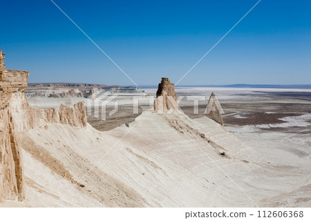 Stunning Mangystau landscape, Kazakhstan. Rock pinnacles view, Bozzhira valley Stunning Mangystau landscape, Kazakhstan. Rock pinnacles view, Bozzhira valley 112606368