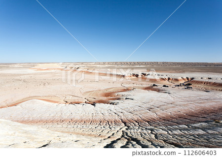 Kyzylkup area landscape, Mangystau desert. Rock strata formations 112606403