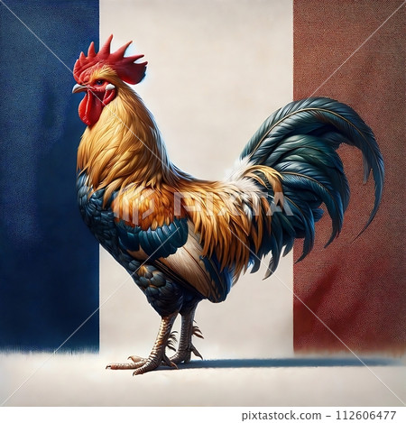 AI-generated content. Gallic Rooster, the National Bird of France, Posing Proudly against French Flag 112606477