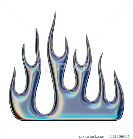 3D flame. Trendy Y2K element. Iridescent colorful burning fire shape with glossy chromium effect. 3D render. Isolated illustration 112606665