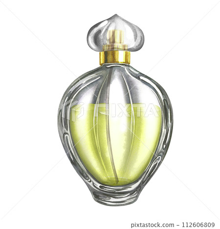 A perfume bottle made of transparent glass. Vintage yellow perfume. A hand-drawn watercolor illustration. Isolate her. For packaging, postcards and labels. For banners, flyers and posters. 112606809