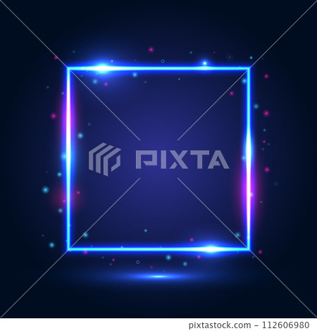 Neon square pink and blue frame with highlights on a dark blue background. Neon square pink and blue frame with highlights on a dark blue background. 112606980
