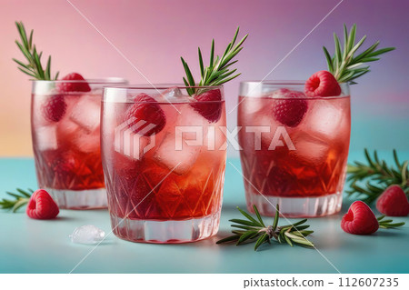 Summer drink. Refreshing soda or alcoholic cocktail with ice, rosemary and raspberry on pastel background. 112607235