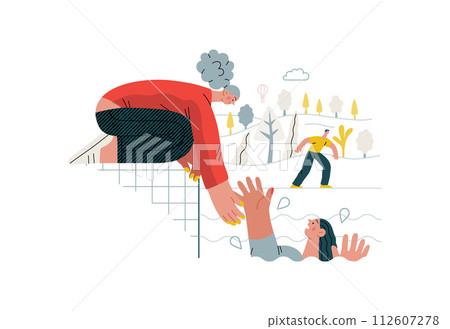 Mutual Support: Save a drowning person -modern flat vector concept illustration of woman reaching out to drowning woman A metaphor of voluntary, collaborative exchanges of resource, services 112607278