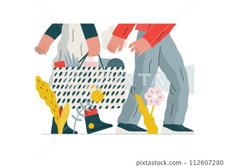 Mutual Support: Helping carry a heavy bag -modern flat vector concept illustration of a woman carrying shopping bag being assisted by man. Metaphor of voluntary, collaborative exchanges of services 112607280