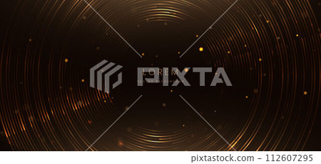 Luxury design glowing golden circles lines on dark brown background with lighting effect. 112607295