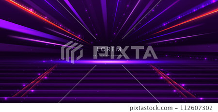Elegant scene purple glowing motion lighting effect sparkle on dark purple background. Elegant scene purple glowing motion lighting effect sparkle on dark purple background. 112607302
