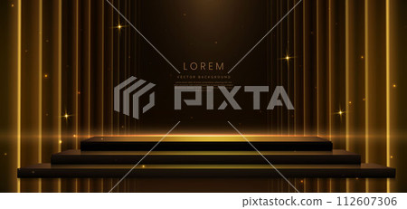 Elegant golden scene on dark brown background glowing with lighting effect sparkle. Template premium award design. 112607306