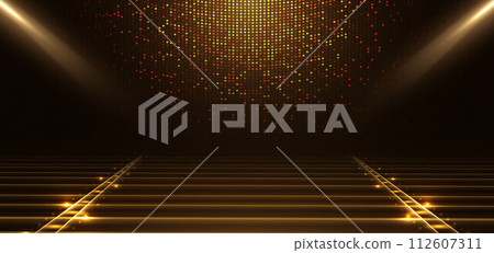 Elegant golden scence on black background glowing with lighting effect sparkle. Template premium award design. Elegant golden scence on black background glowing with lighting effect sparkle. Template premium award design. 112607311