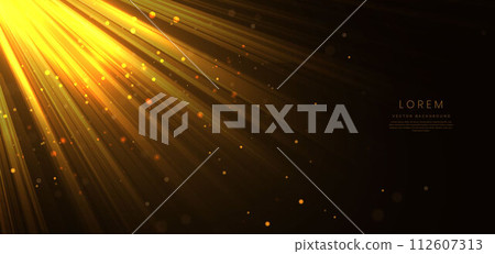 Elegant golden light ray on black background with lighting effect and sparkle with copy space for text. Luxury design style. Elegant golden light ray on black background with lighting effect and sparkle with copy space for text. Luxury design style. 112607313