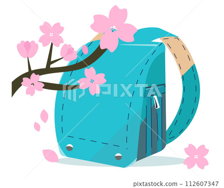 Light blue school bag and cherry blossoms. New semester in April. Elementary school entrance ceremony. vector illustration 112607347