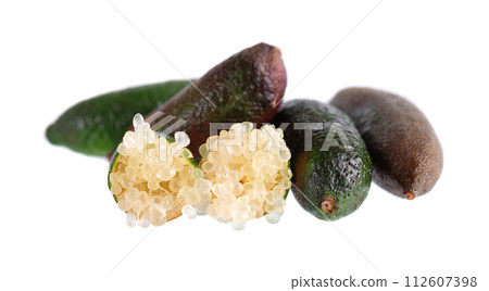 Fresh finger limes isolated on white background. Caviar lime. Fruits pods. Clipping path. 112607398