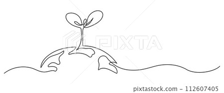 Plant sprout growing on Earth single line art drawing Ecology and saving planet concept illustration Plant sprout growing on Earth single line art drawing Ecology and saving planet concept illustration 112607405