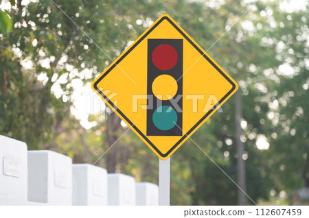 Selective focus of Thailand traffic lights ahead sign.  112607459