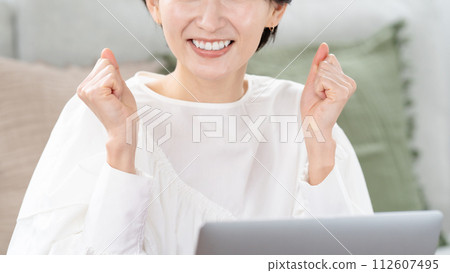 一個女人看著電腦,揮舞著拳頭 一個女人看著電腦,揮舞著拳頭 112607495