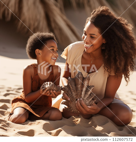 Little girl with mother on beach Little girl with mother on beach 112607572