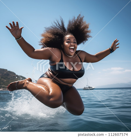 Plump woman jumping in sea Plump woman jumping in sea 112607574