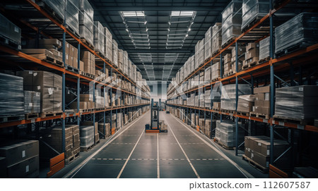 Warehouse with high shelves Warehouse with high shelves 112607587