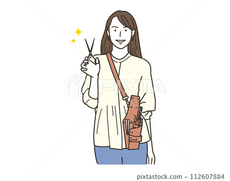 美髮師女人用理髮剪刀看著相機 112607884