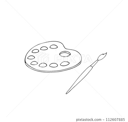 Hand-drawn art palette with brush and paint. Artist's palette in doodle style. Painter's tools vector illustration. Drawing equipment. 112607885
