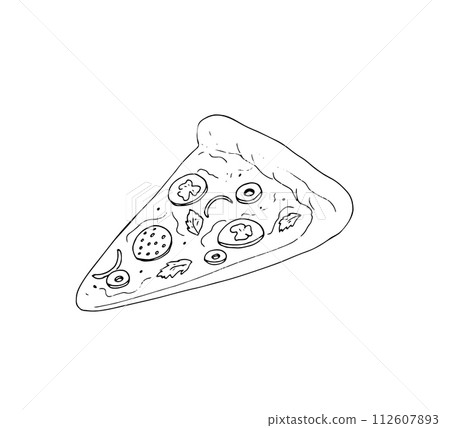 Hand-drawn pizza slice. Pizza with salami, tomato, olives, basil leaf, and melted cheese. Fast food isolated illustration. Hand-drawn pizza slice. Pizza with salami, tomato, olives, basil leaf, and melted cheese. Fast food isolated illustration. 112607893