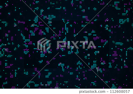 Neon digital background with glowing blue and purple pixels on a black Neon digital background with glowing blue and purple pixels on a black 112608057