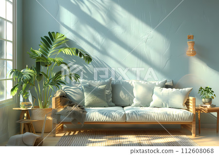 AI-generated content. Cozy living room with couch, plants, and a view from the window 112608068