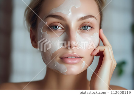 AI-generated content. The woman is wearing a white mask covering her nose, cheek, lip, and eyelash 112608119