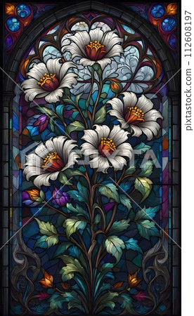 Floral Design on Stained Glass Window, White Flowers Amidst Blue and Purple Hues, Generative AI 112608197
