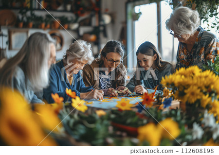 AI-generated content. a group of elderly women are sitting around a table with flowers 112608198