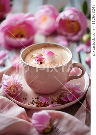AI-generated content. Pink flowers in a cup on a saucer, tableware display 112608245