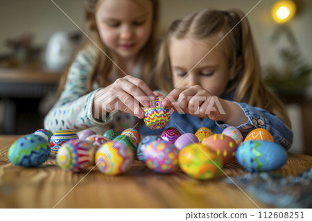 AI-generated content. Two toddlers are having fun decorating Easter eggs indoors 112608251