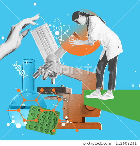 Pharmaceutical research labs. Contemporary art collage. Woman, doctor, researcher looking into microscope at DNA helix with pills and scientific elements on background 112608281