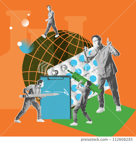 Young man, doctor interacting with various med items. Reminder to take care after health and do regular health checkup. Contemporary art collage. Young man, doctor interacting with various med items. Reminder to take care after health and do regular health checkup. Contemporary art collage. 112608285