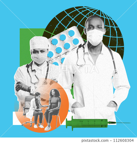 Girl vising clinic for health checkup. Medical treatment of diseases, doctors working on health care and safety. Contemporary art collage. Girl vising clinic for health checkup. Medical treatment of diseases, doctors working on health care and safety. Contemporary art collage. 112608304