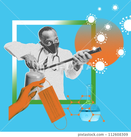 Man in medical mask, doctor fighting with viruses, killing them with proper medical treatment. Vaccination and protection. Contemporary art collage. 112608309