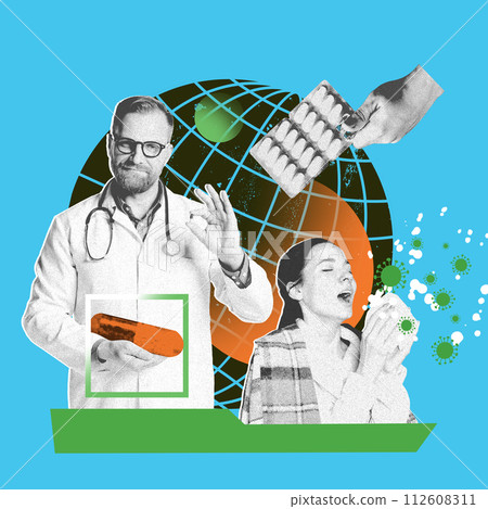 Doctor holding pill for woman sneezing, suffering from virus. Contemporary art collage. Prescription of meds for diseases cure Doctor holding pill for woman sneezing, suffering from virus. Contemporary art collage. Prescription of meds for diseases cure 112608311