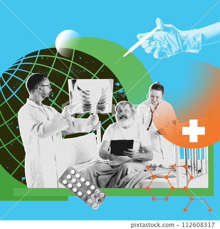 Elderly man in clinic having doctors health examination, consultation, pills prescription, X-ray checking. Contemporary art collage. 112608317
