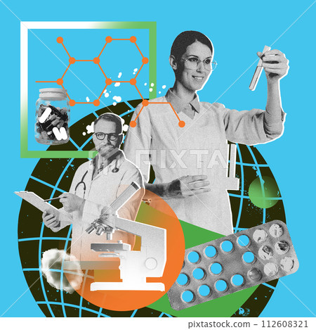 Scientists, doctors working in laboratory with medical icons of molecules, pills on globe background. Contemporary art collage. Scientists, doctors working in laboratory with medical icons of molecules, pills on globe background. Contemporary art collage. 112608321