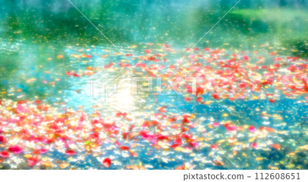 充滿光線的繪畫背景，波光粼粼的水面上漂浮著五顏六色的花朵“AI生成圖像” 112608651