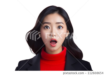 一位亞洲女性張開嘴、驚訝的臉、透明背景、「AI 生成圖像」的插圖 112608654