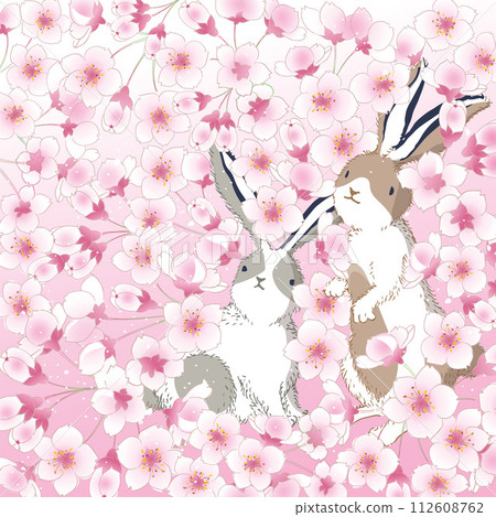 Warm spring day with rabbits enjoying beneath the blossoming cherry tree in a vector illustration. 112608762